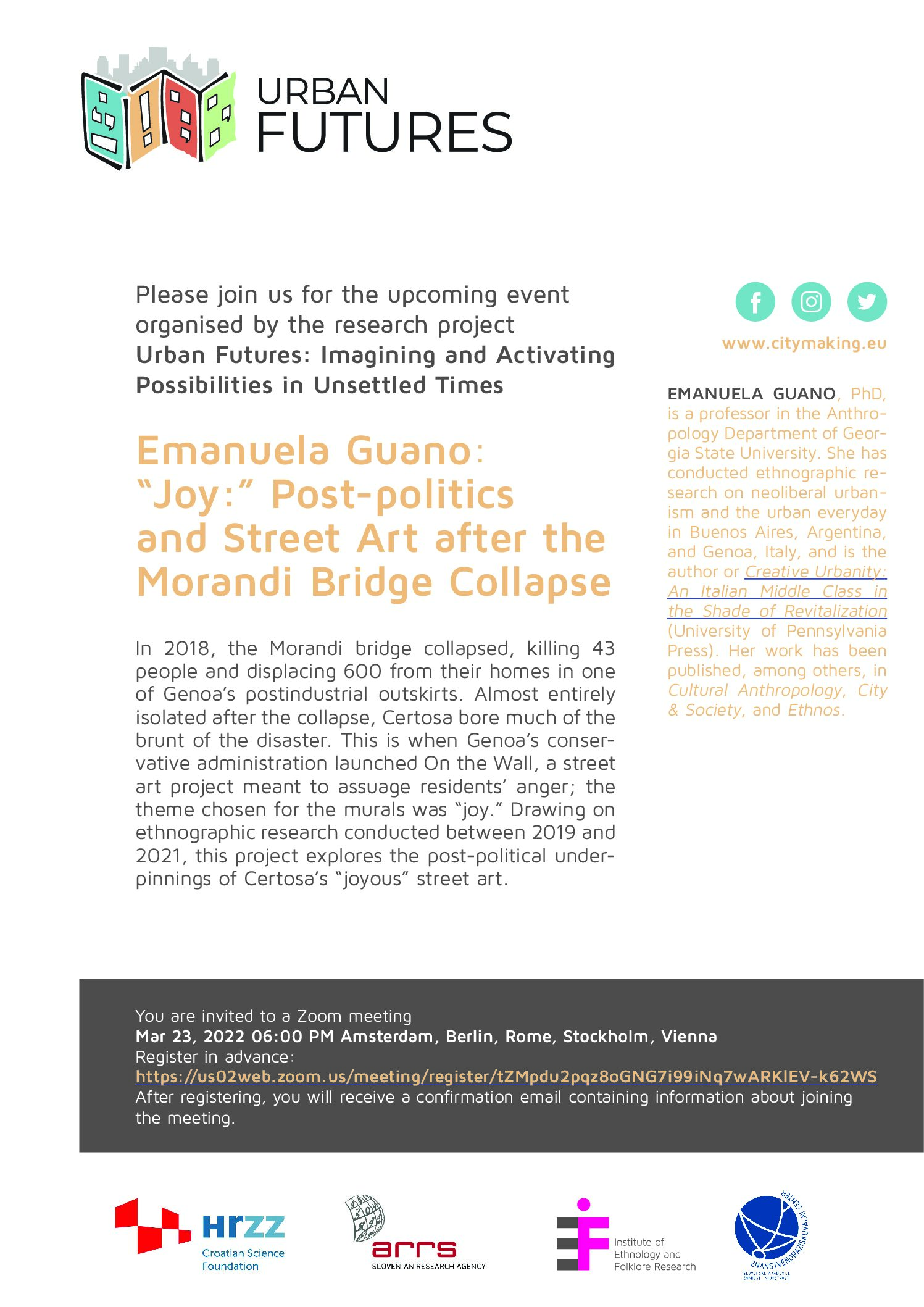 Urban Futures Talk EMANUELA GUANO: “Joy:” Post-politics and Street Art after the Morandi Bridge Collapse